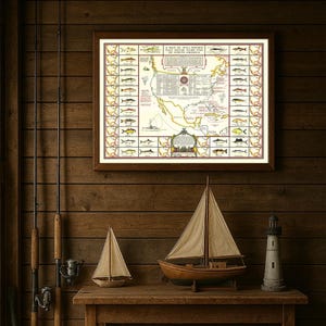 Mapa de peces marinos de caza más conocidos de Norteamérica: arte mural vintage de un pescador