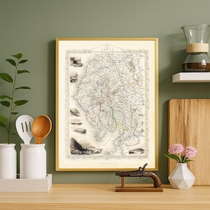 Ancienne carte des lacs de Cumberland et de Westmoreland – Impression cartographique anglaise d'époque XIXe siècle