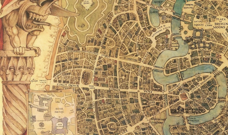 Illustrated vintage map of Ankh-Morpork from Terry Pratchett’s Discworld