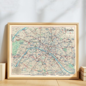 Mappa vintage della metropolitana e dei trasporti di Parigi – Poster antico della metropolitana di Parigi – Arte murale storica dei trasporti francesi – Stampa della mappa della città retrò