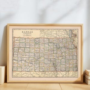 Vintage Kansas Map Poster – Antique 1920 State Map Reproduction – Historical Cartography Wall Art for Home, Office & Classroom