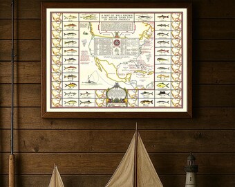 Map of Well-Known Saltwater Game Fish of North America – Vintage Fisherman’s Wall Art