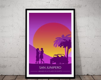 San Junipero Poster – Retro Love Story Wall Art, 80s Sunset Aesthetic “Heaven Is a Place on Earth” Print