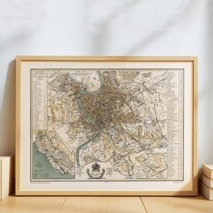 Póster vintage de Roma: plano antiguo de la ciudad de Roma, arte mural retro italiano, impresión histórica de viaje por la capital de Italia.