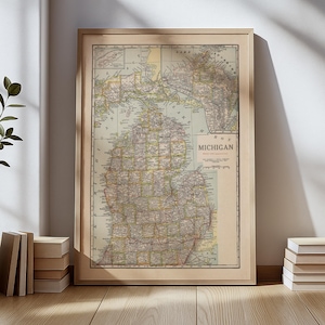 Poster con mappa d&#39;epoca del Michigan - Riproduzione di un&#39;antica mappa dello stato del 1920 - Cartografia storica da parete per casa, ufficio e baita