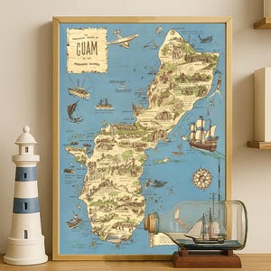 May include: A framed vintage map of Guam, with detailed illustrations of the island's features and landmarks. The map is in a wooden frame, and a model ship in a bottle sits nearby, along with a decorative lighthouse.
