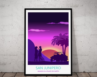San Junipero Poster – Retro Love Story Wall Art, 80s Sunset Aesthetic “Heaven Is a Place on Earth” Print
