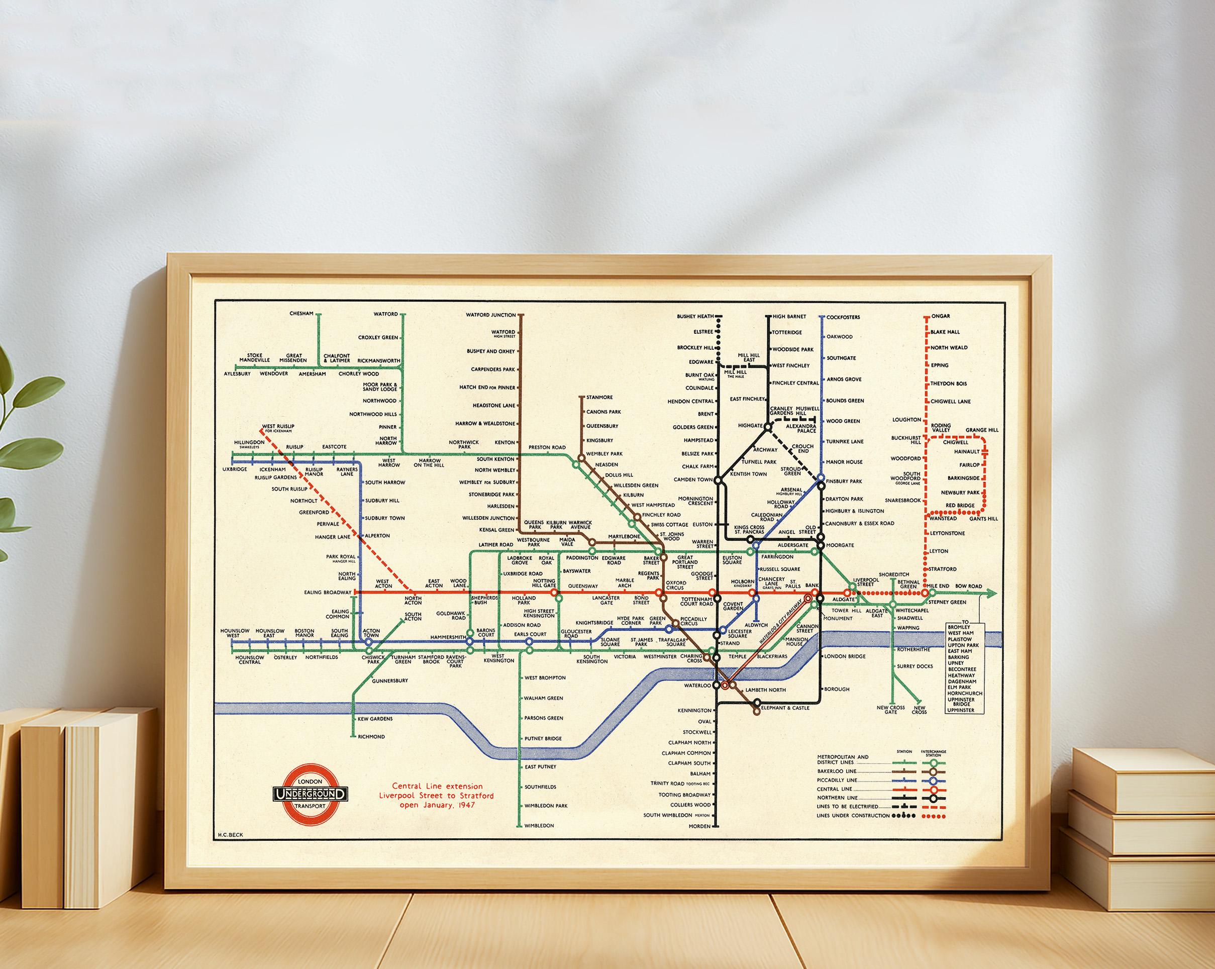 Vintage London Underground Map Poster Retro Tube Railway Guide 