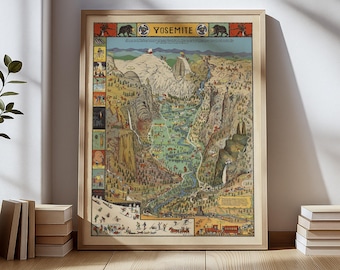May include: Framed vintage Yosemite National Park map print. The map features detailed illustrations of the park's landscape, including mountains, waterfalls, and trails. The map is in a wooden frame and includes the word "YOSEMITE" at the top.