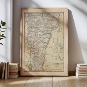 Plakat z mapą Vermont w stylu vintage – antyczna sztuka ścienna stanu Green Mountain – historyczny wydruk kartograficzny Nowej Anglii – stara mapa do wystroju domowego biura
