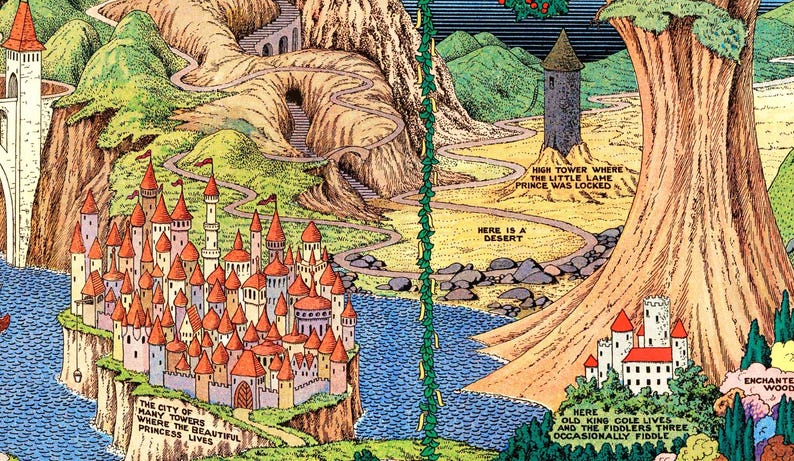 Fantasy map poster featuring fairy tales and storybook lands
