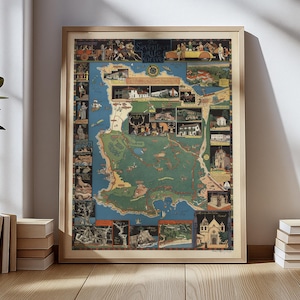 May include: A framed vintage map print of Seventeen Mile Drive, featuring illustrations of landmarks and scenes. The map is in a wooden frame, leaning against a white wall. Books are stacked on the floor in front of the print.