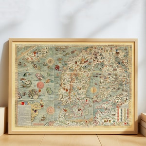 Vintage Scandinavian Sea Monster Map Carta Marina by Olaus Magnus – 1539 Norse Mythology Poster – Old Nordic Map Print – Viking Era Wall Art