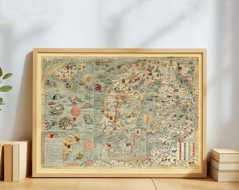 Vintage Scandinavian Sea Monster Map Carta Marina by Olaus Magnus – 1539 Norse Mythology Poster – Old Nordic Map Print – Viking Era Wall Art