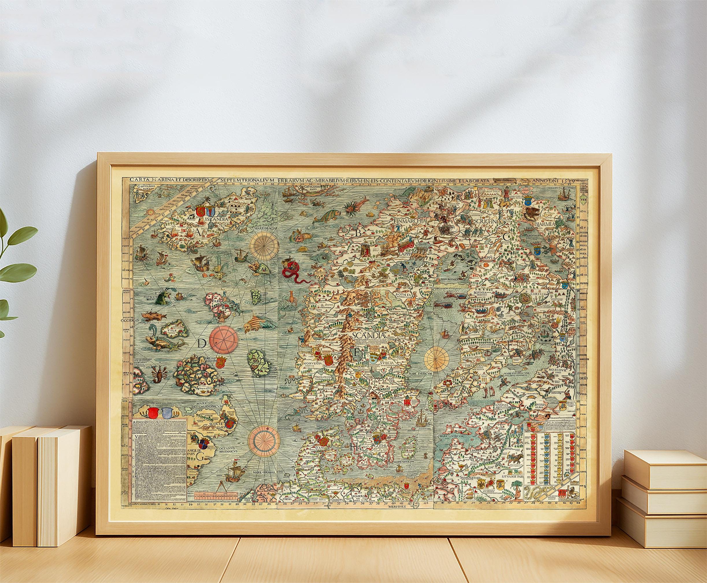 Vintage Scandinavian Sea Monster Map Carta Marina by Olaus Magnus