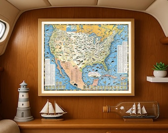 Vintage Sportsmen’s Fishing Map of the United States – Illustrated Fish Species Map – Retro Angler’s Wall Art Poster