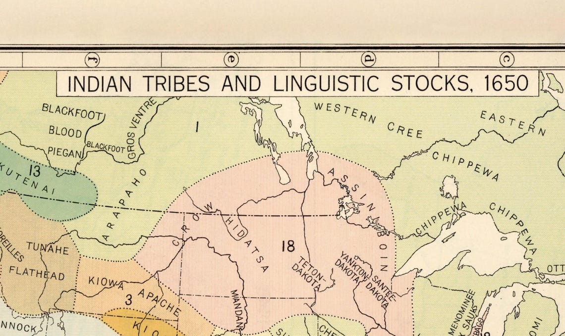 Retro Native Tribes Vintage Native American Tribes Map 1650 – Indian Tribes Linguistic ...