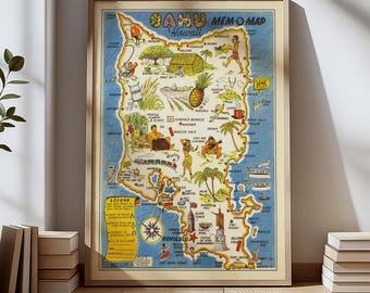 May include: A framed vintage map of Oahu, Hawaii, with a light-colored wooden frame. The map features illustrations of landmarks, people, and tropical elements. The title "Oahu Memo-Map Hawaii" is at the top. The map is displayed on a wooden floor.