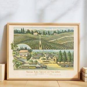 May include: A framed vintage print of the Nouveau Medoc Vineyard and Wine Cellars. The print features a detailed illustration of a vineyard, buildings, and a train. The print is in a light brown wooden frame.