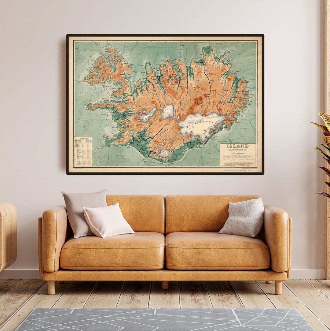 Vintage Iceland Physical Map Print Antique 1928 Poster Gif Gor Him Her Living Room Bedroom Art ...