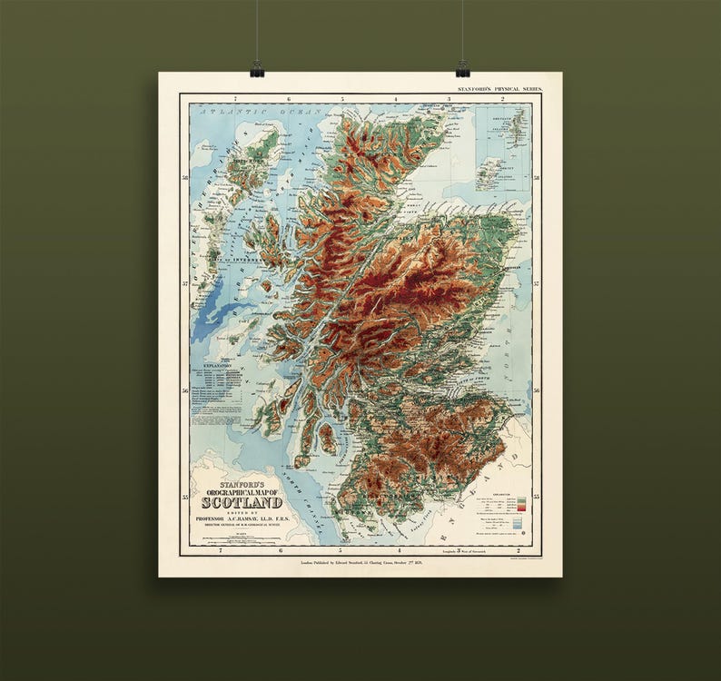 Vintage Relief Map of Scotland – Scottish Highlands Topographic Map ...