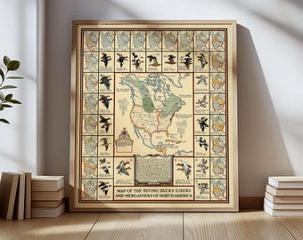 Vintage Duck Migration Map Poster – North America Bird Map – Antique Waterfowl Illustration – Hunter Cabin Wall Art