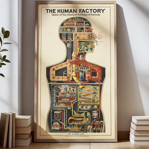 Può includere: Un poster vintage incorniciato intitolato "THE HUMAN FACTORY" con un diagramma delle funzioni interne del corpo umano. L'illustrazione presenta una sezione trasversale di una figura umana, che mostra vari organi e processi in uno stile schematico colorato. Il poster è in una cornice di legno.