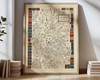 Vintage Story Map of Scotland – Illustrated Clan Tartans & Legends Map – Historic Scotland Wall Art Print