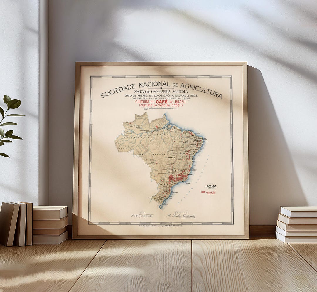 Vintage Brazil Coffee Map Poster – 1908 Coffee Plantation Map