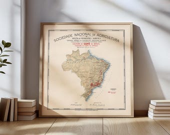 Vintage-Poster mit einer Kaffeeplantagenkarte Brasiliens – Druck einer Kaffeeplantagenkarte von 1908 – Antike brasilianische Kartografie – Wanddekoration für Cafés und Kaffeeliebhaber