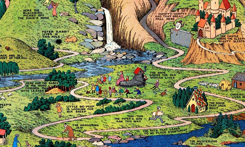 Fantasy map poster featuring fairy tales and storybook lands