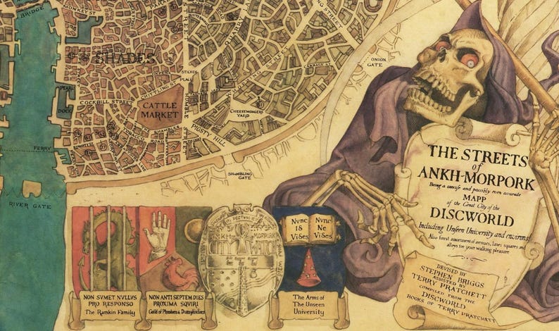 Illustrated vintage map of Ankh-Morpork from Terry Pratchett’s Discworld