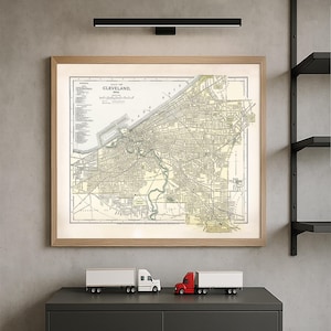 Vintage Cleveland Map Print – Historyczna mapa miasta Ohio z lat 90. XIX wieku Antyczny plakat z układem ulic miejskich – Archiwalna sztuka ścienna z epoki jeziora Erie w Cleveland