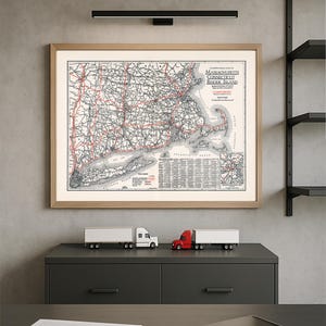 Massachusetts, Connecticut & Rhode Island Clason's Map - carte routière de la Nouvelle-Angleterre vintage impression autoroute antique affiche des années 1920 USA voyage art mural