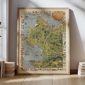 May include: A framed vintage map print with a detailed illustration of a coastal region. The map features a beige border and is filled with green, blue, and yellow hues. It includes illustrations of ships, animals, and people.