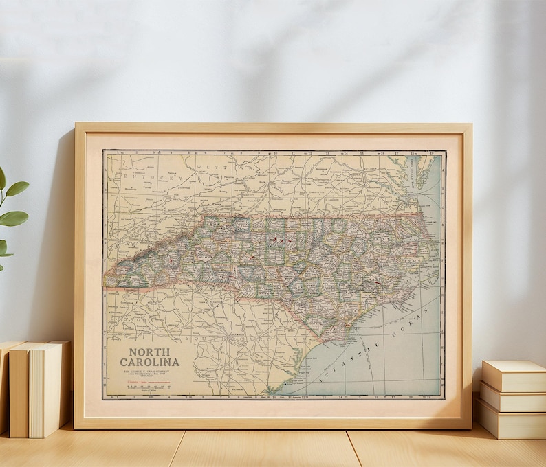 Vintage North Carolina Map Poster – Antique State Map Wall Art ...
