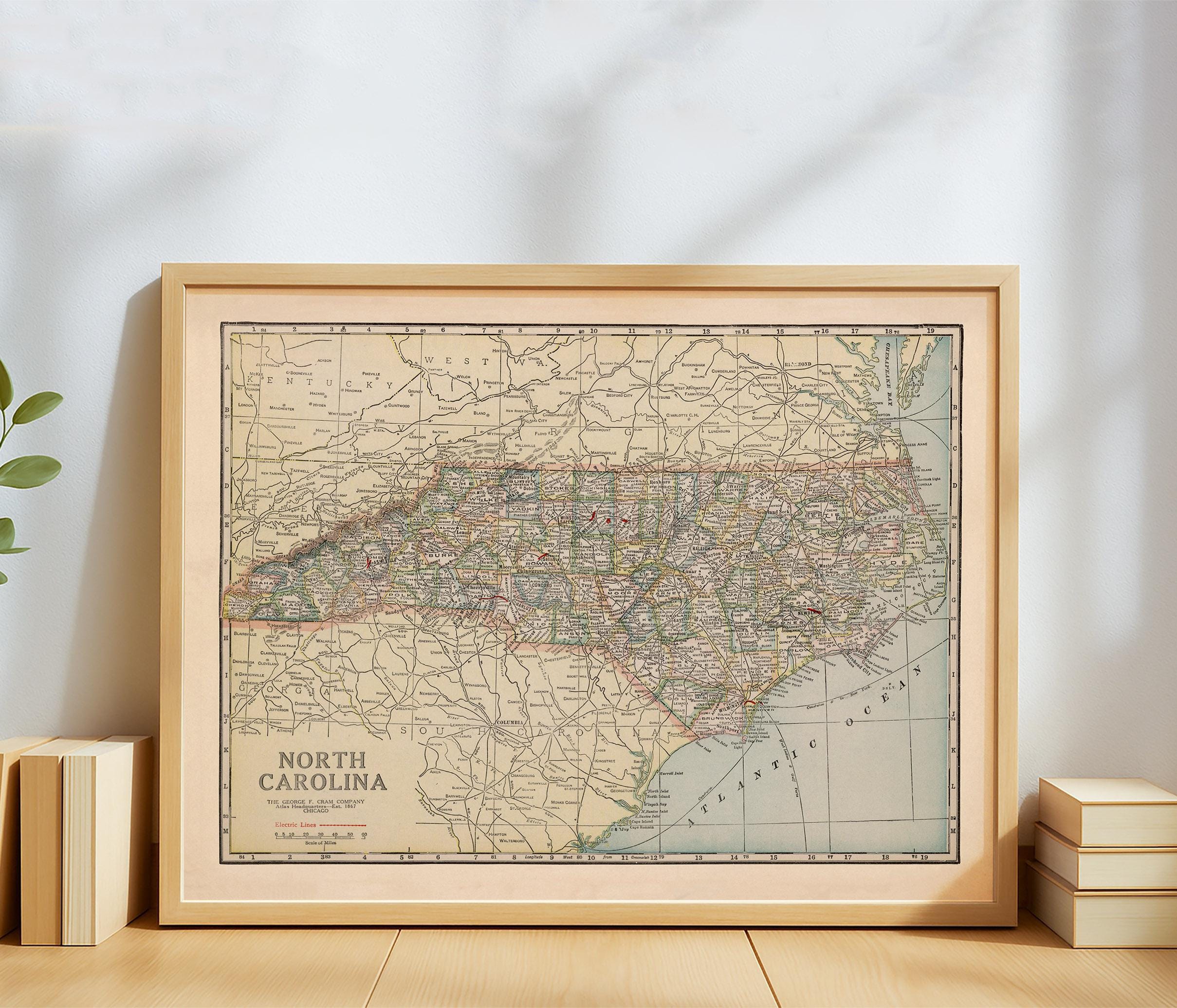 Vintage North Carolina Map Poster – Antique State Map Wall Art ...