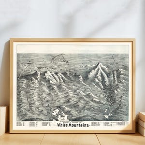 Könnte beinhalten: Eine gerahmte Schwarz-Weiß-Karte mit dem Titel "Birds Eye View of the White Mountains". Die Karte zeigt eine detaillierte topografische Ansicht einer Bergregion mit komplizierten Linien und Schattierungen. Der Rahmen ist hellholzfarben.
