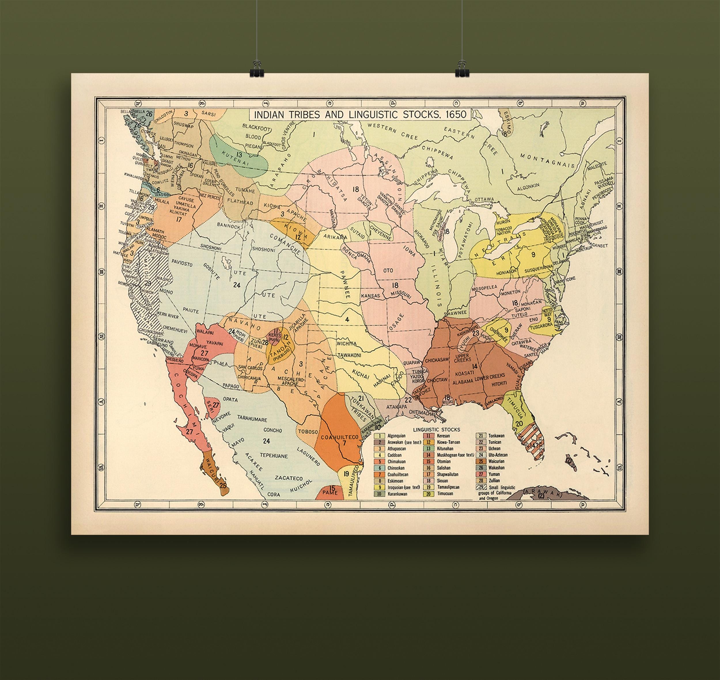 Vintage Native American Tribes Map 1650 – Indian Tribes Linguistic ...
