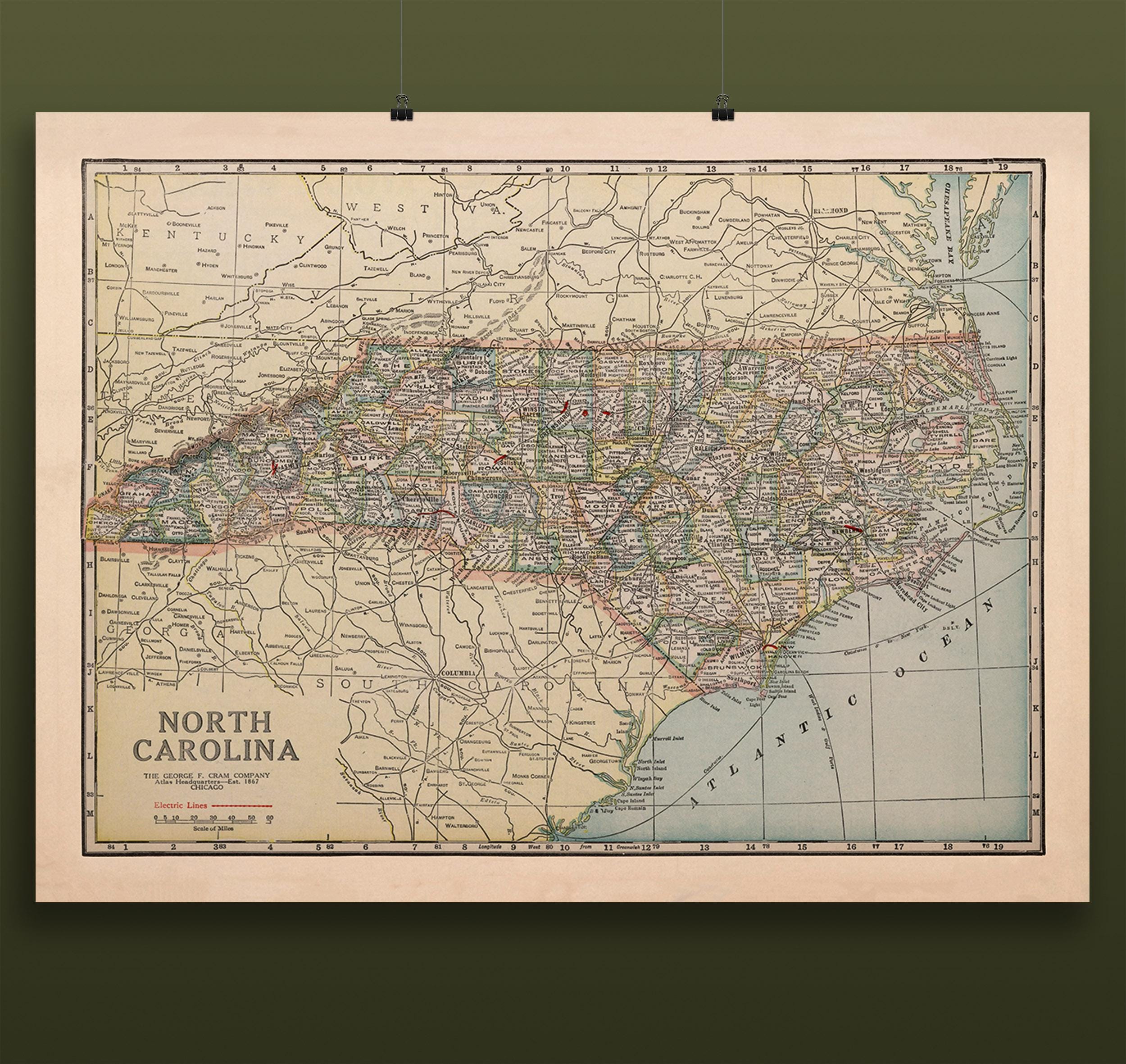 Vintage North Carolina Map Poster – Antique State Map Wall Art ...