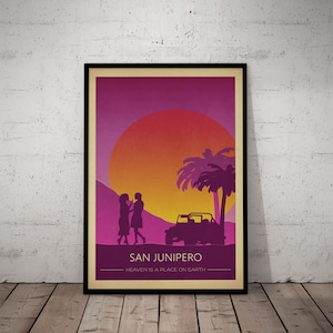 Poster retrò del tramonto di San Junipero – Arte murale minimalista ispirata agli anni '80, stampa "Il paradiso è un posto sulla Terra"
