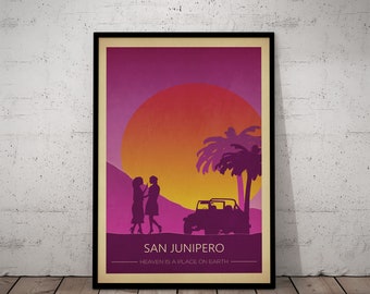 San Junipero Retro Sunset Poster – 80s-Inspired Minimalist Wall Art, “Heaven Is a Place on Earth” Print
