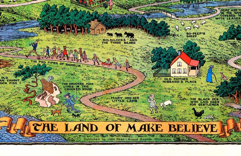 Fantasy map poster featuring fairy tales and storybook lands