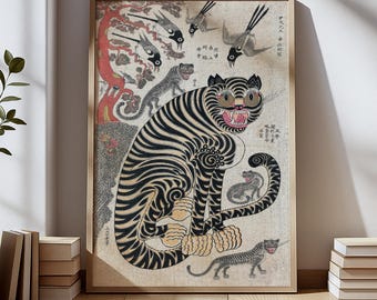 Korean Tiger and Magpies Painting – Minhwa Folk Art Illustration – Joseon Dynasty Style Tiger – Traditional Korean Wall Art Print