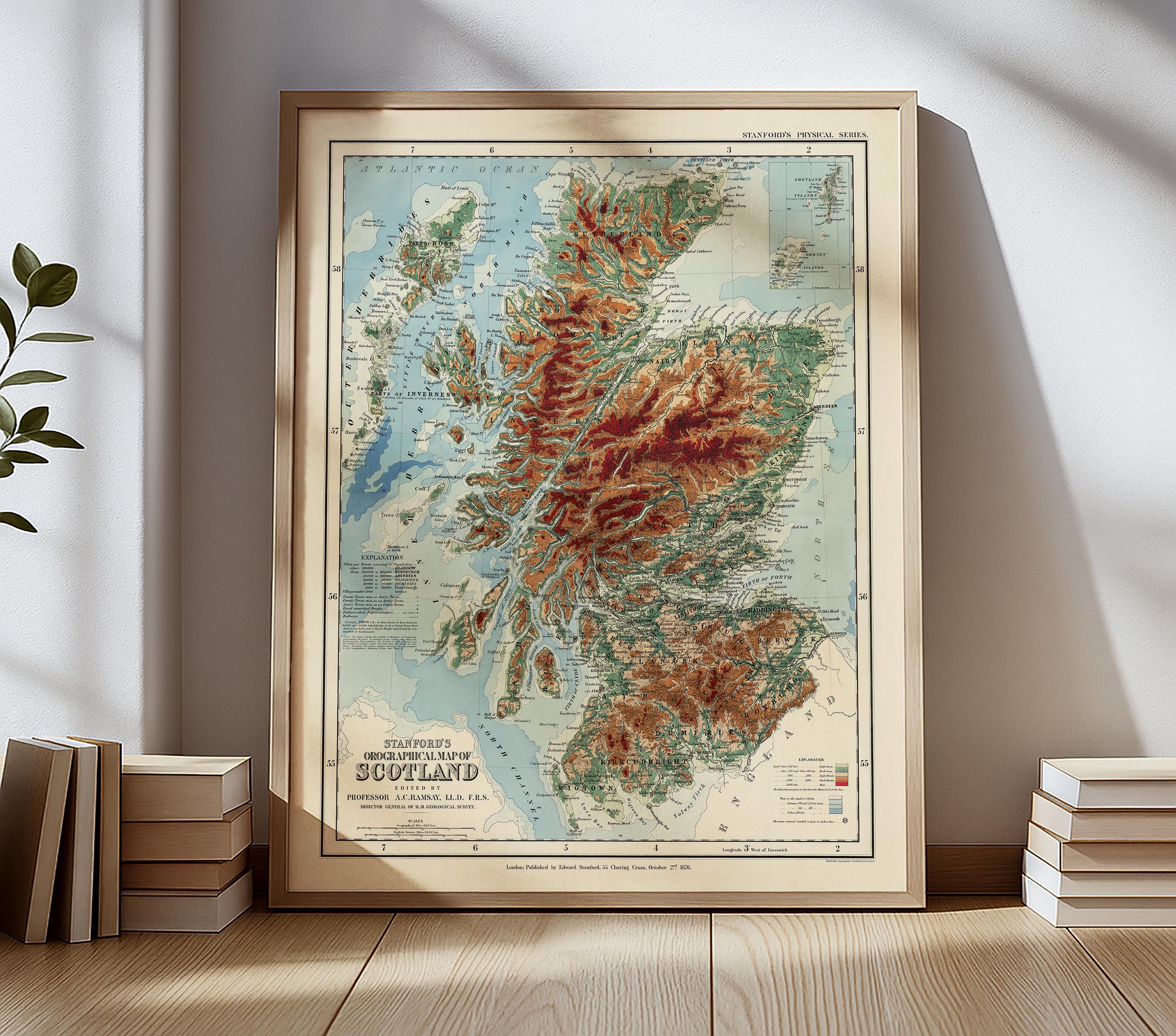 Vintage Relief Map of Scotland – Scottish Highlands Topographic Map ...