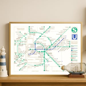 Vintage Berlin Transit Map Print – Retro S-Bahn & U-Bahn Network Poster – 1980s German Subway Layout – Minimalist Bauhaus-Inspired Wall Art
