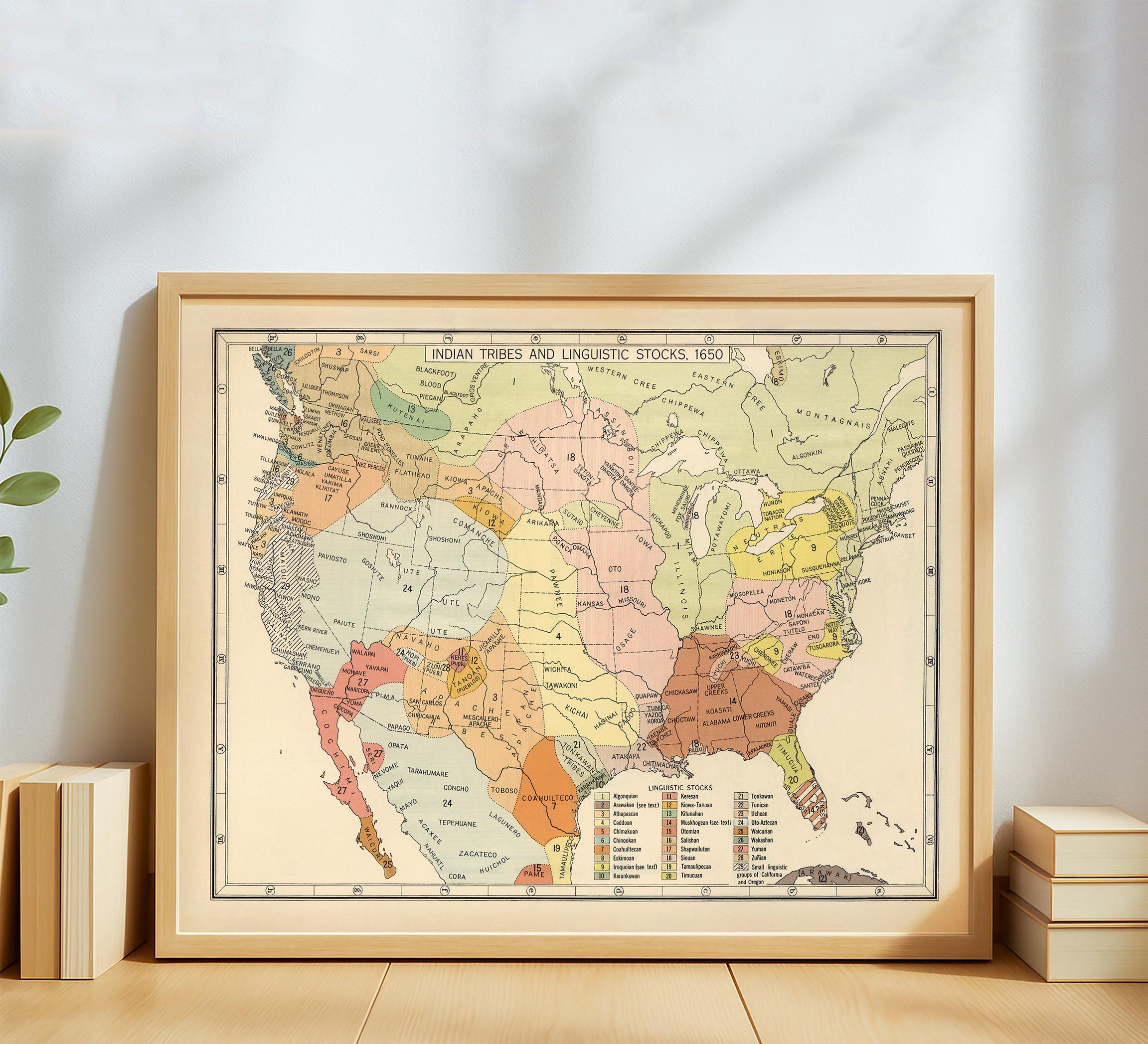 Vintage Native American Tribes Map 1650 – Indian Tribes Linguistic ...