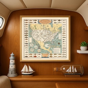 Mappa vintage di Big Game Fish - Arte murale illustrata retrò per pescatori e amanti della natura