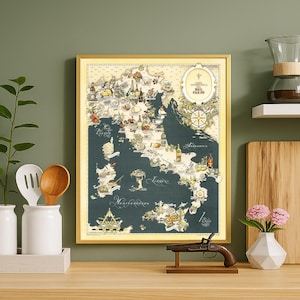 Vintage Italian Food Map Poster – Carta Gastronomica del Paese – Illustrated Culinary Map of Italy Regional Cuisine Art Retro Kitchen Decor