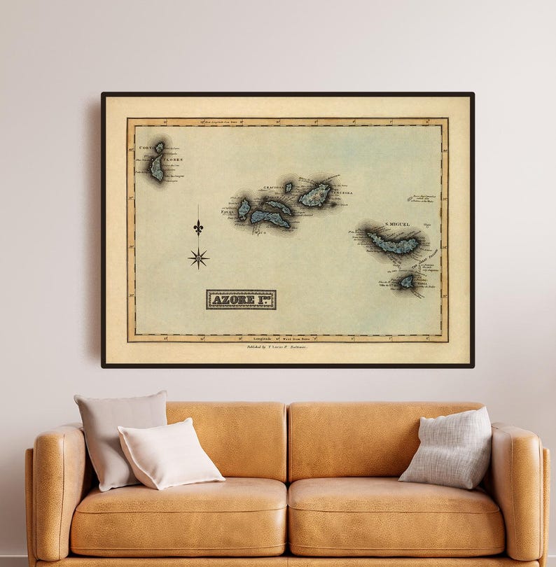 Map of the Azores Poster 1823 –  Vintage Portuguese Islands Map – Antique Atlantic Archipelago Wall Art – Historic Cartography Print